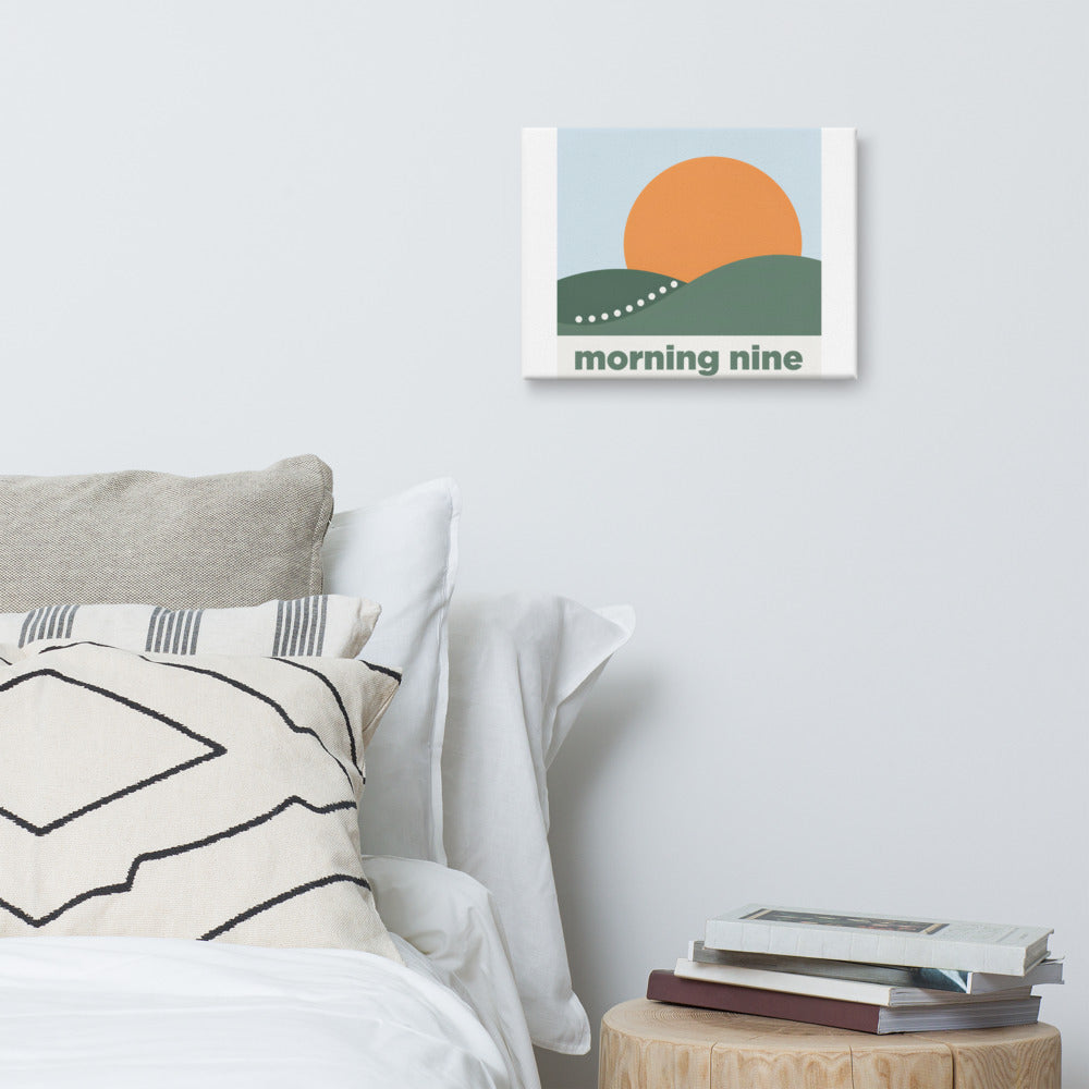 Morning Nine minimalist golf wall art canvas hung in a home interior, third lifestyle view of the rising-sun sunrise design