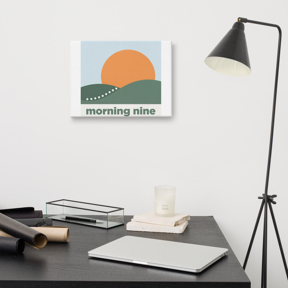 Morning Nine golf canvas wall art, fifth interior lifestyle view of the flat geometric sunrise and nine-dot path design