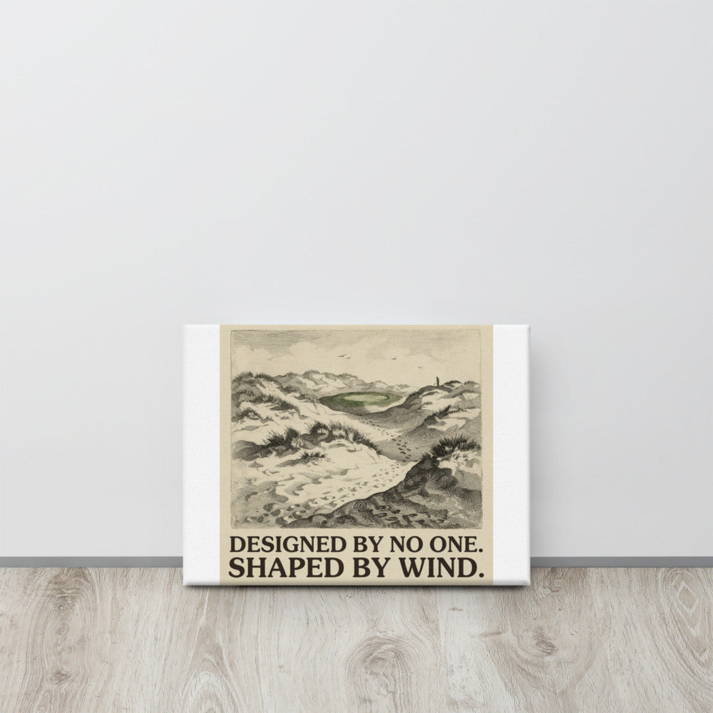 Shaped by Wind links dunescape canvas styled on a neutral wall, sepia copperplate engraving of marram grass and blown sand ridges