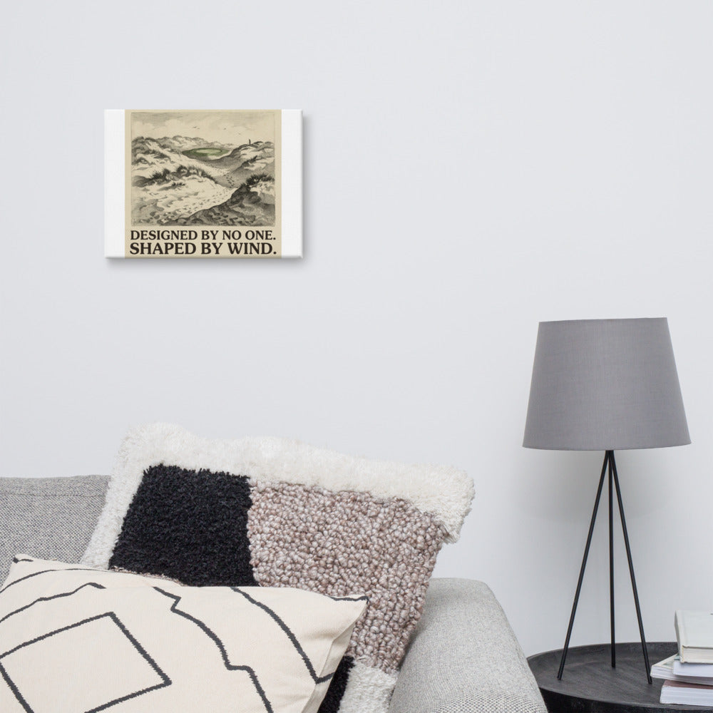Shaped by Wind links golf wall art canvas above a desk, engraved sand dunes and a distant natural green sitting in a hollow
