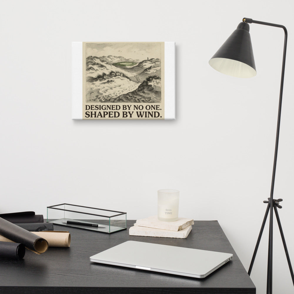Shaped by Wind golf canvas print in a home office, antique engraving line texture in sepia black on cream