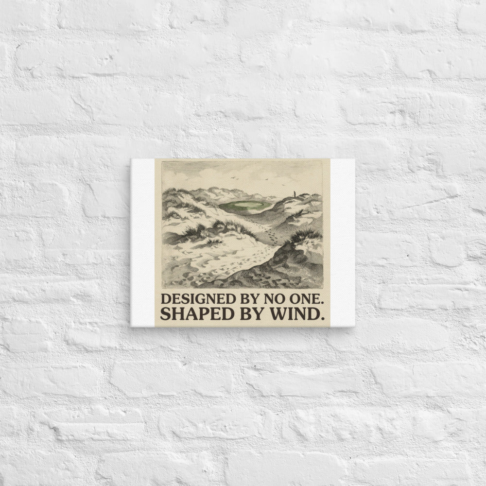 Shaped by Wind links dunescape canvas shown in a styled interior, portrait 12 by 16 inch gallery wrapped wall art