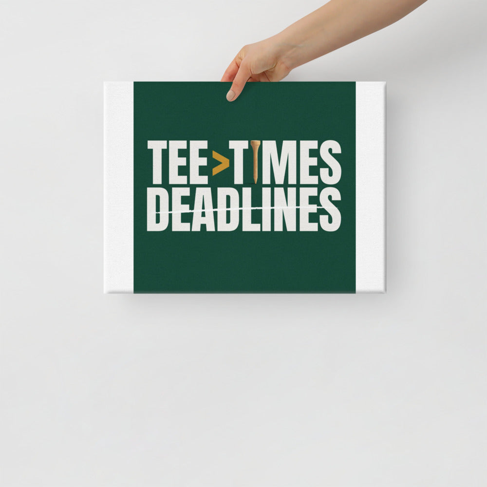 Tee Times Greater Than Deadlines golf canvas above a console table, racing green typography print with a gold greater-than symbol