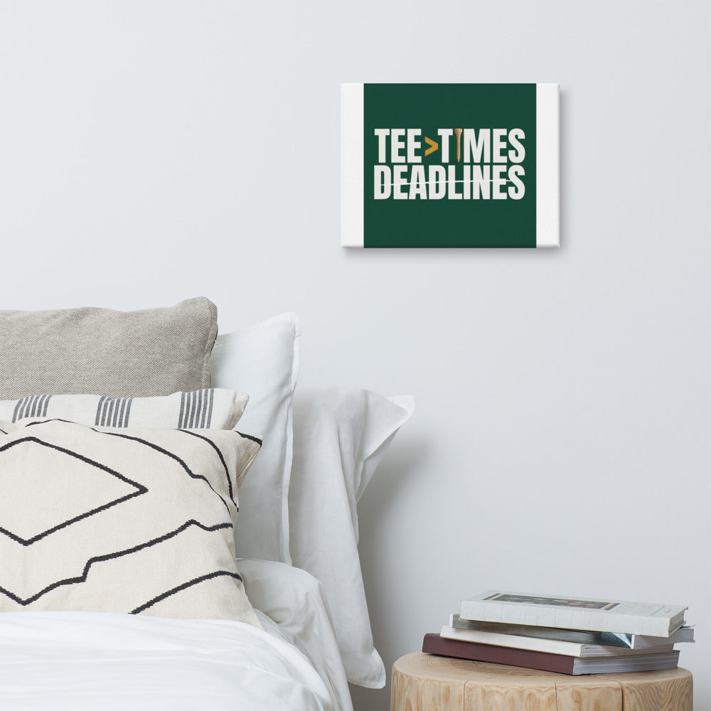Tee Times Greater Than Deadlines golf typography canvas styled in a living room, bold retirement gift wall art in racing green