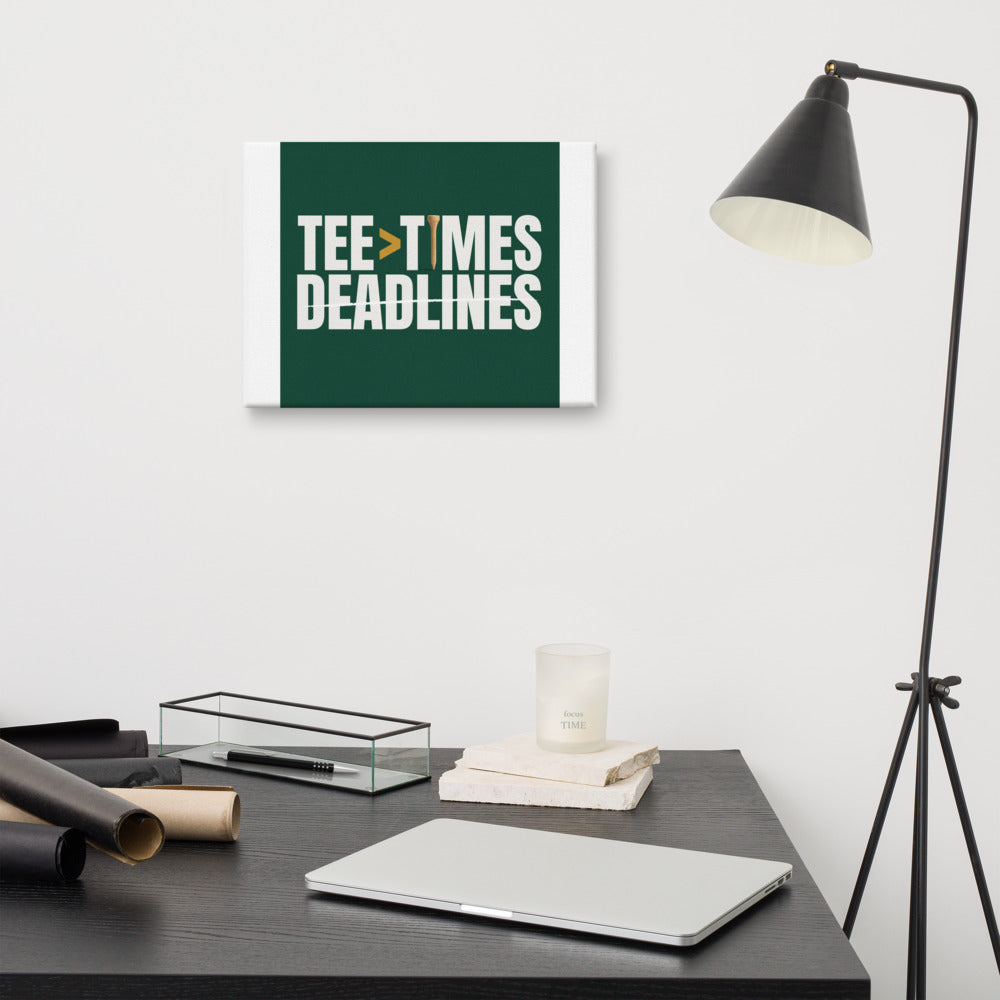 Tee Times Greater Than Deadlines golf canvas in a home office interior, deep green ground with oversized gold symbol