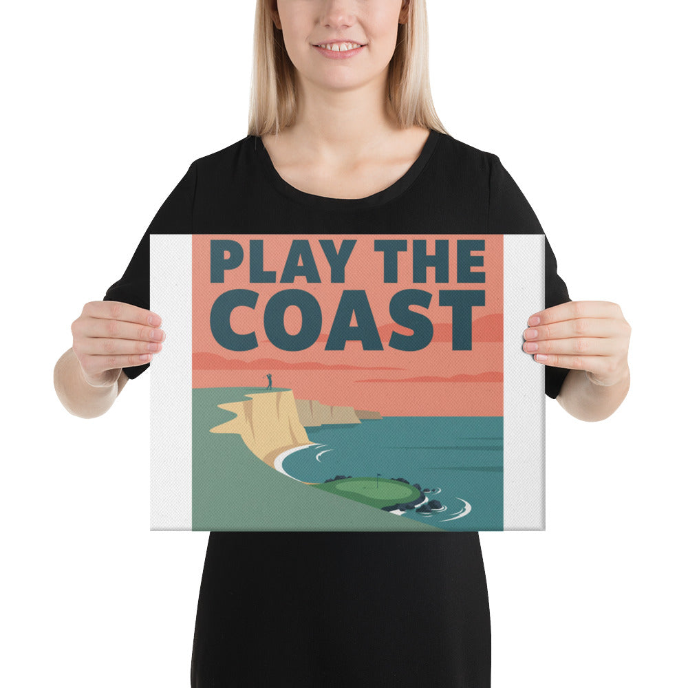 A person holding The Cove Par Three golf canvas print to show the 12 by 16 inch size in scale