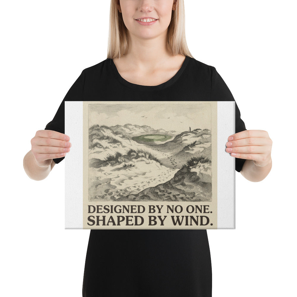 Person holding the Shaped by Wind golf links canvas to show the 12 by 16 inch scale and 1.25 inch deep stretched edge