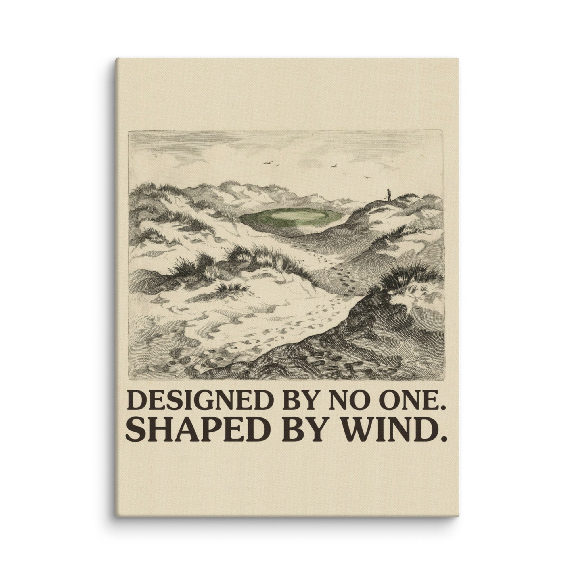 12″×16″ stretched canvas, angled view on white: hatched dune landscape with a green in a hollow and a caption