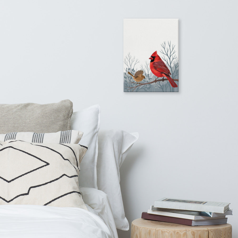 Life Against the Gray cardinal canvas hanging above a bed with white pillows