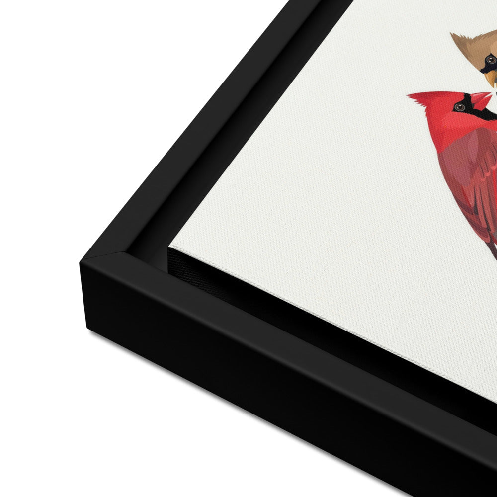 Close-up of the black floating frame corner on the A Seed Shared cardinal canvas