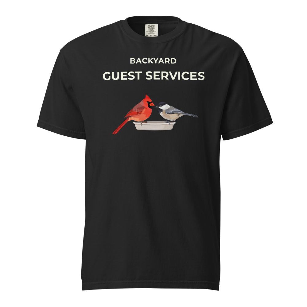 Cardinal Shirt in Black, front view: BACKYARD GUEST SERVICES above a cardinal and a chickadee at a tray feeder