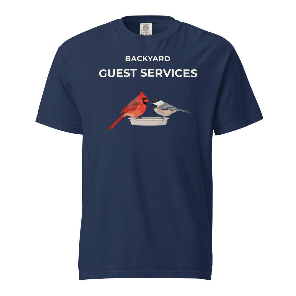 Cardinal Shirt in True Navy, front view: BACKYARD GUEST SERVICES above a cardinal and a chickadee at a tray feeder