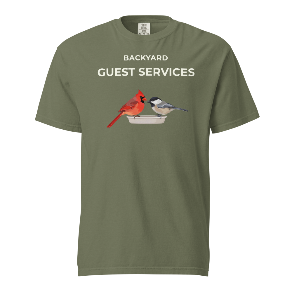 Cardinal Shirt in Moss, front view: BACKYARD GUEST SERVICES above a cardinal and a chickadee at a tray feeder