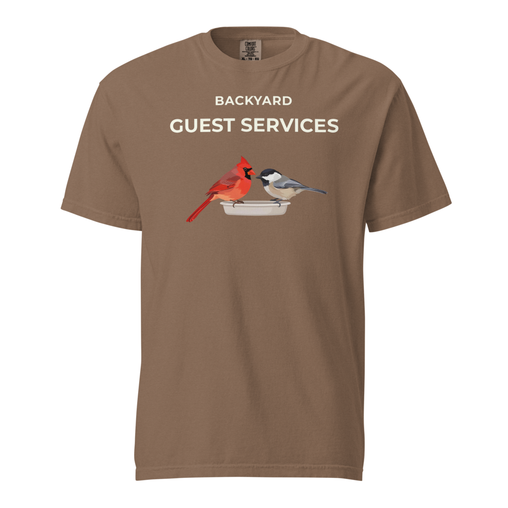 Cardinal Shirt in Espresso, front view: BACKYARD GUEST SERVICES above a cardinal and a chickadee at a tray feeder