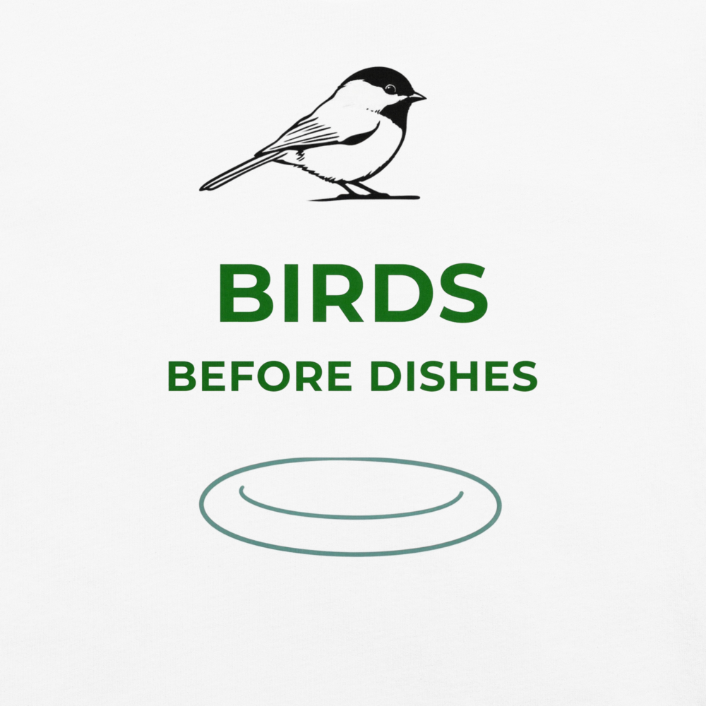 Detail of the Birds Before Dishes print on the white tee