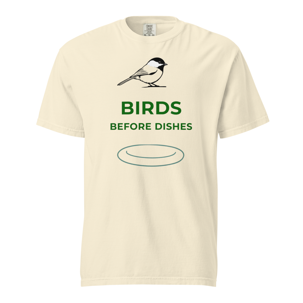 Chickadee Shirt in Ivory, front view: a chickadee above BIRDS BEFORE DISHES and a plate outline