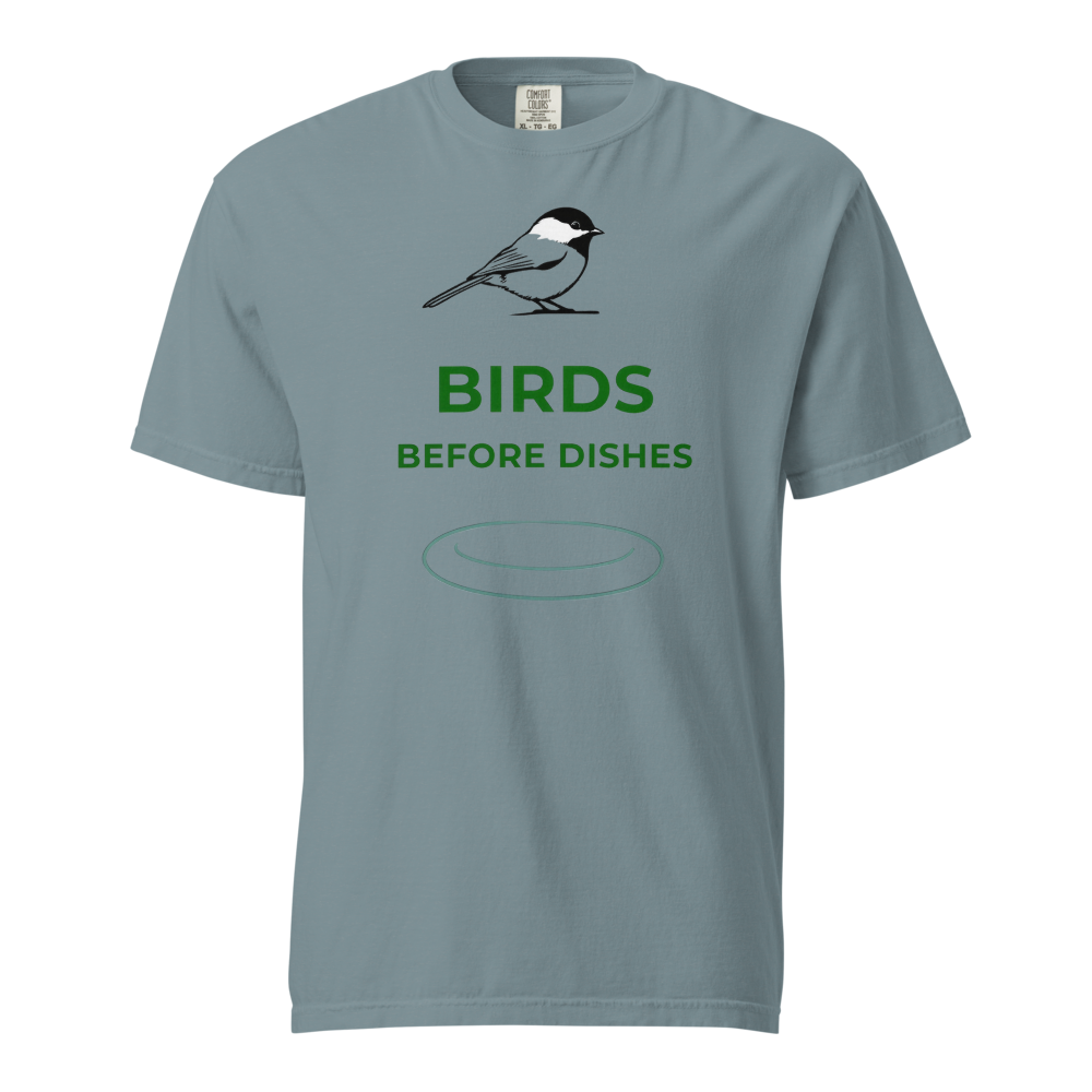 Chickadee Shirt in Ice Blue, front view: a chickadee above BIRDS BEFORE DISHES and a plate outline