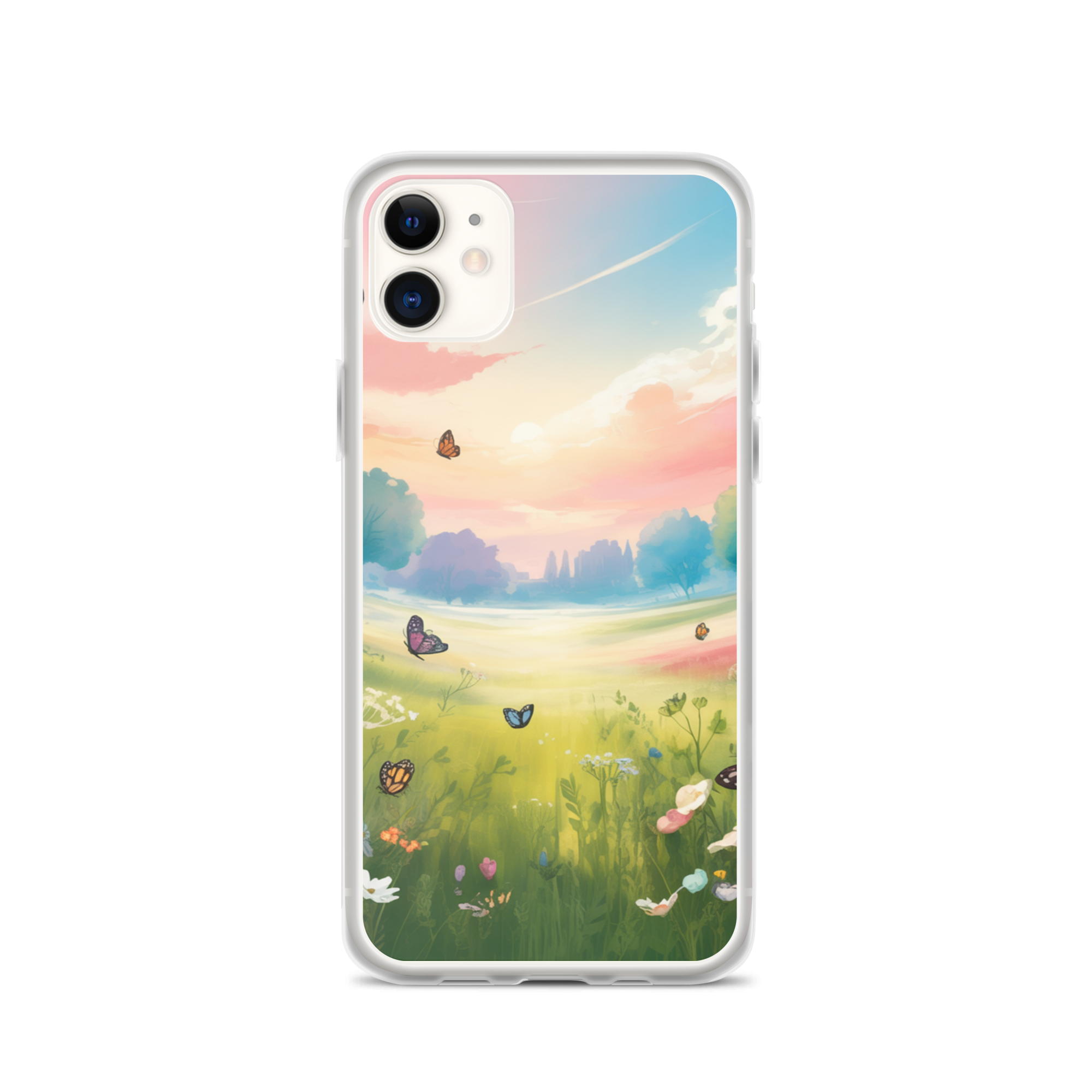 Butterfly Meadow Phone Case – Pastel Sunset & Wildflowers | Dreamy Nature & Cottagecore Aesthetic.
