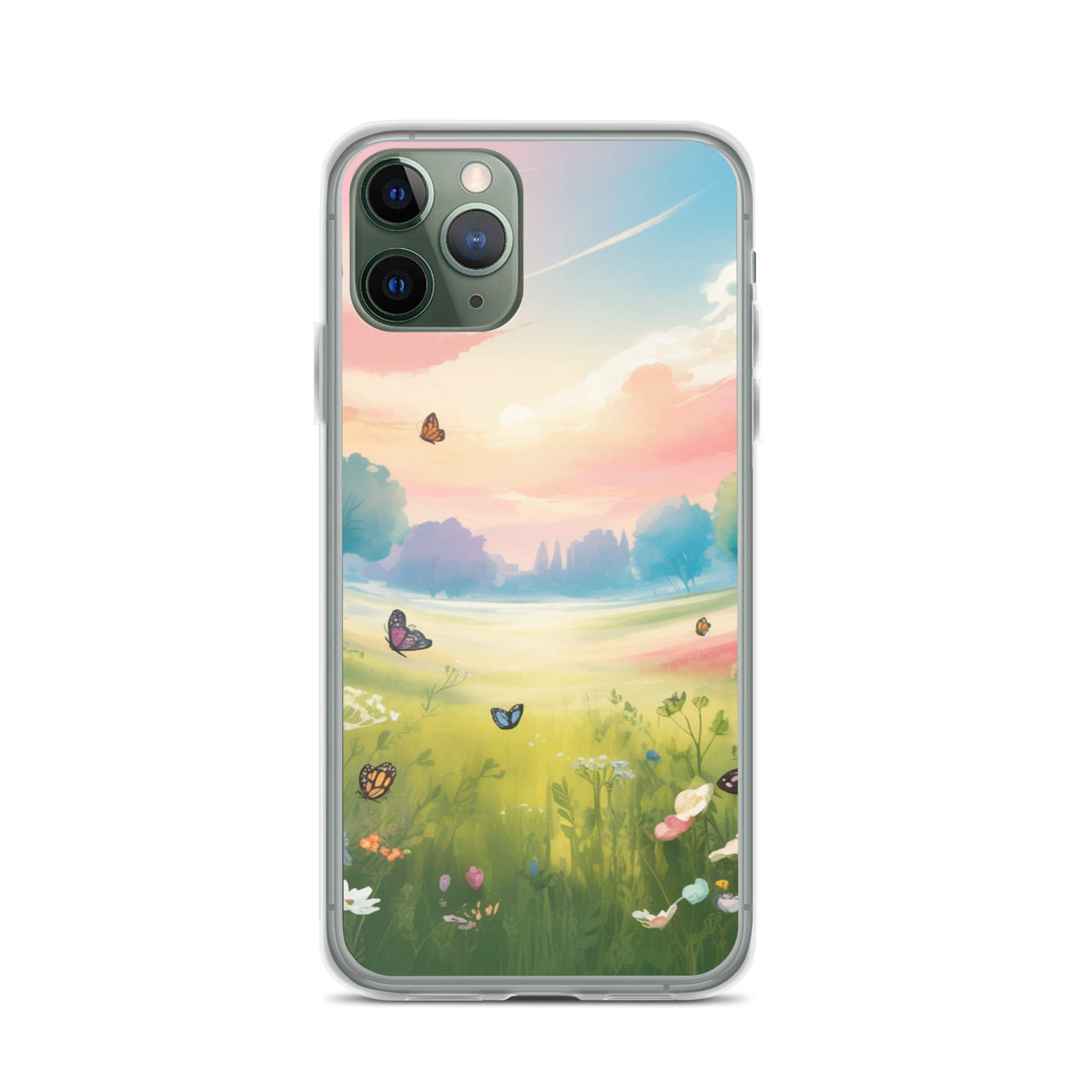 Butterfly Meadow Phone Case – Pastel Sunset & Wildflowers | Dreamy Nature & Cottagecore Aesthetic.