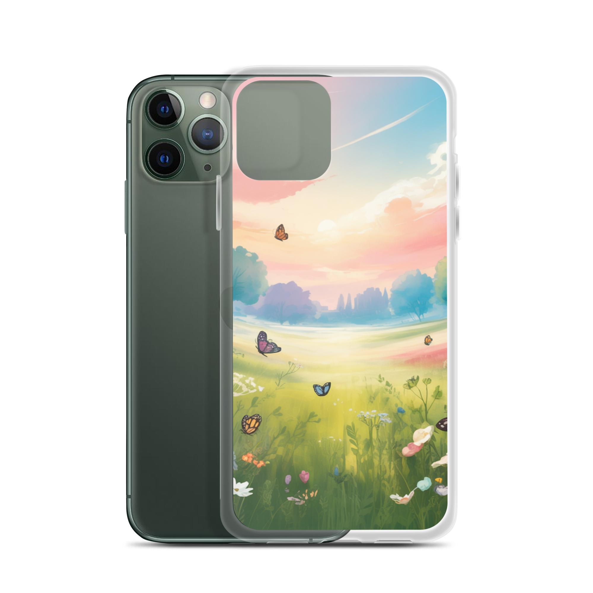 Butterfly Meadow Phone Case – Pastel Sunset & Wildflowers | Dreamy Nature & Cottagecore Aesthetic.