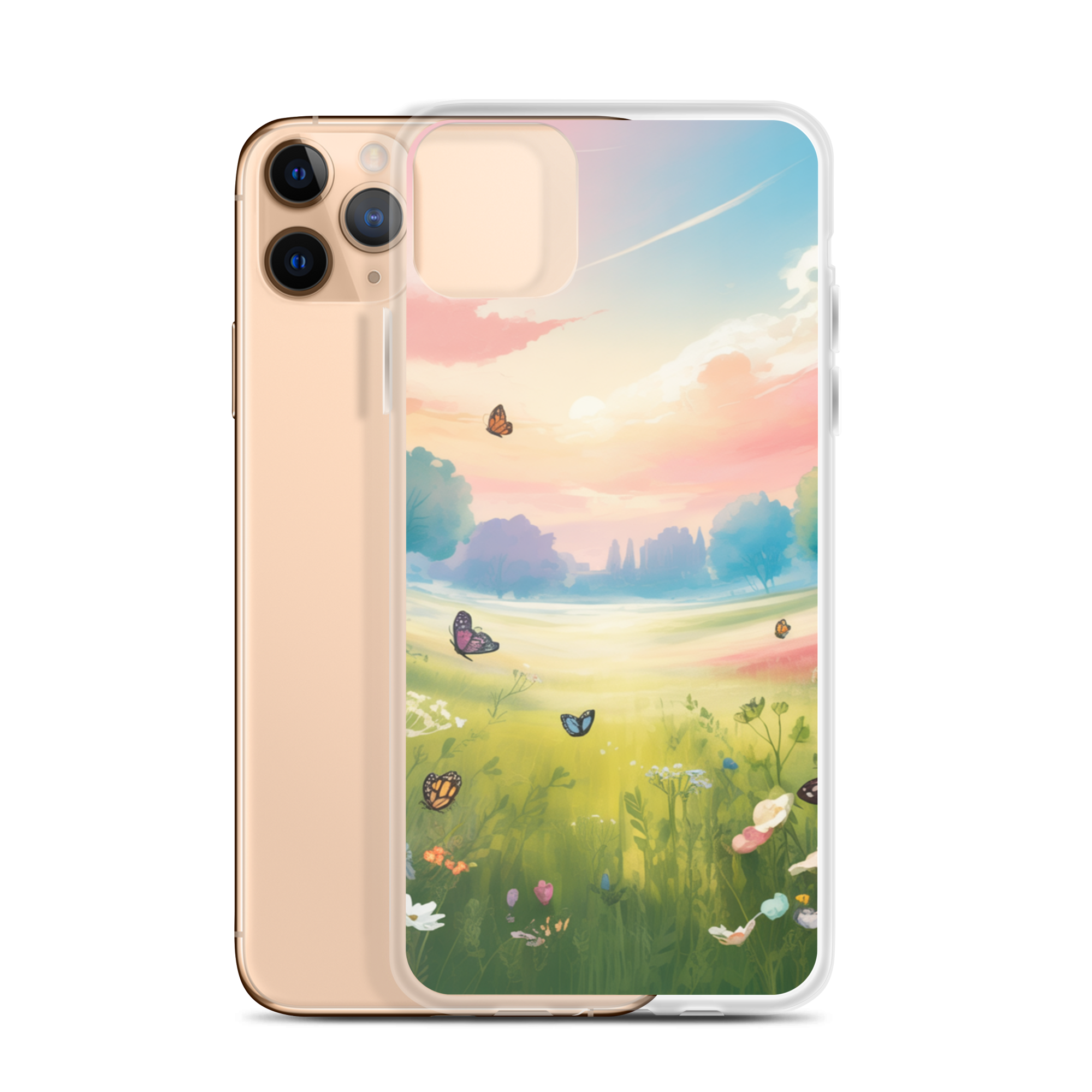 Butterfly Meadow Phone Case – Pastel Sunset & Wildflowers | Dreamy Nature & Cottagecore Aesthetic.