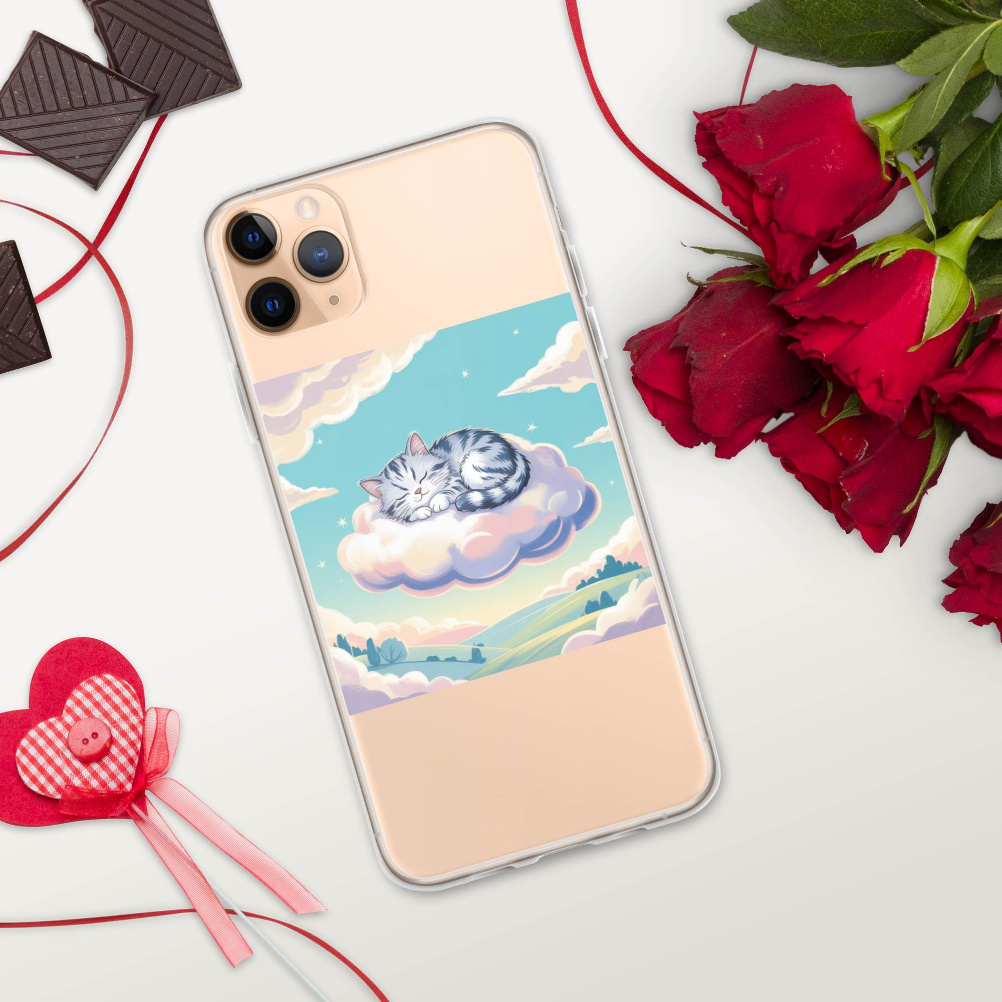 Cute Sleeping Kitten Phone Case – Fluffy Cat on Cloud | Pastel Sky & Dreamy Aesthetic for Cat Lovers.