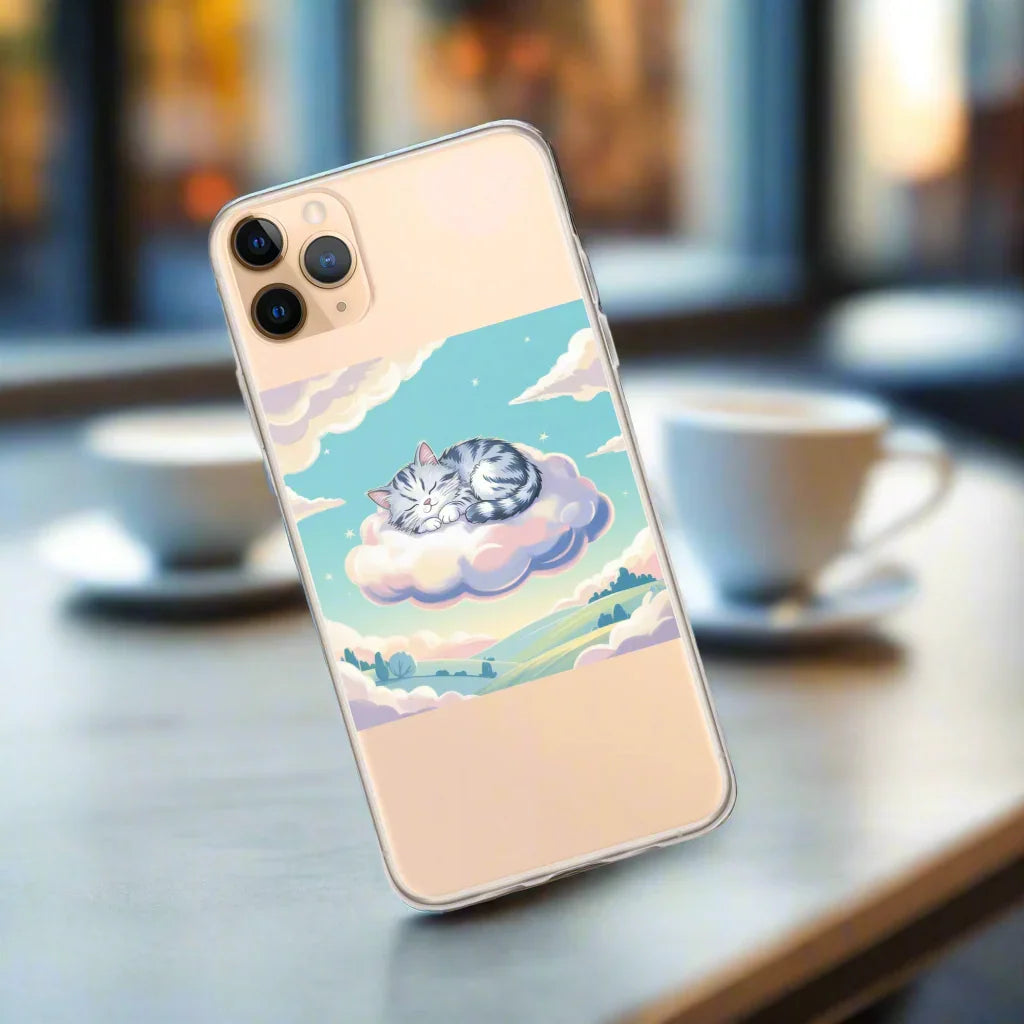 Cute Sleeping Kitten Phone Case – Fluffy Cat on Cloud | Pastel Sky & Dreamy Aesthetic for Cat Lovers - RaZits