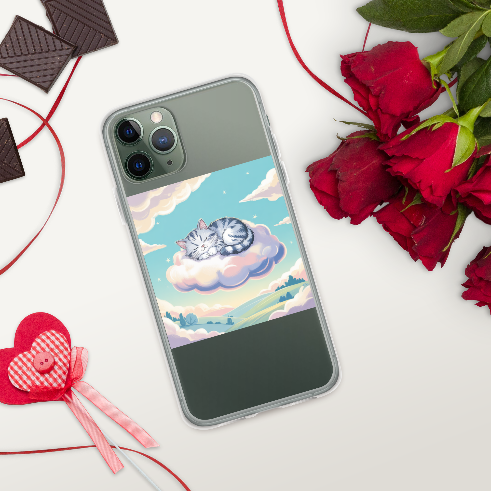 Cute Sleeping Kitten Phone Case – Fluffy Cat on Cloud | Pastel Sky & Dreamy Aesthetic for Cat Lovers.