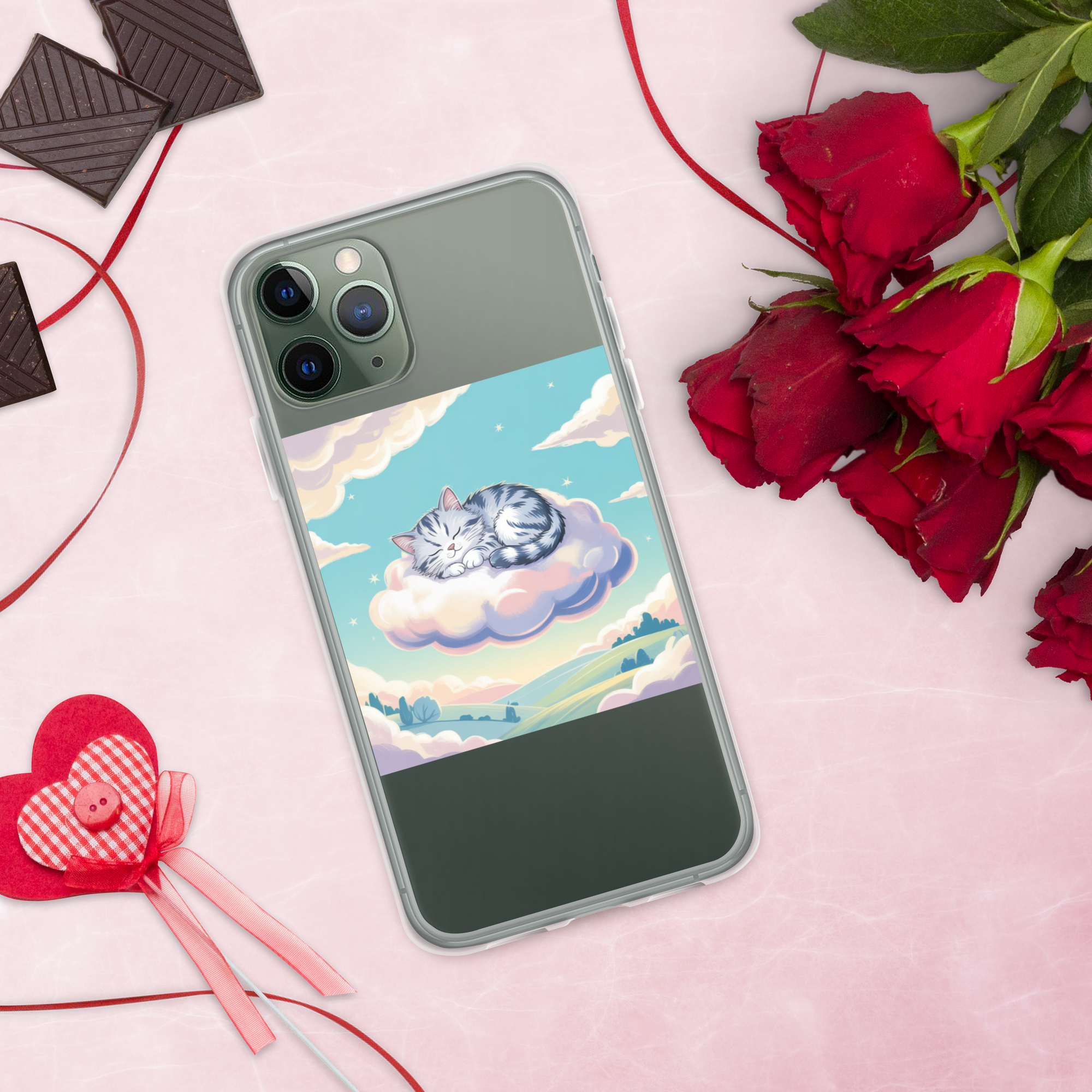 Cute Sleeping Kitten Phone Case – Fluffy Cat on Cloud | Pastel Sky & Dreamy Aesthetic for Cat Lovers.