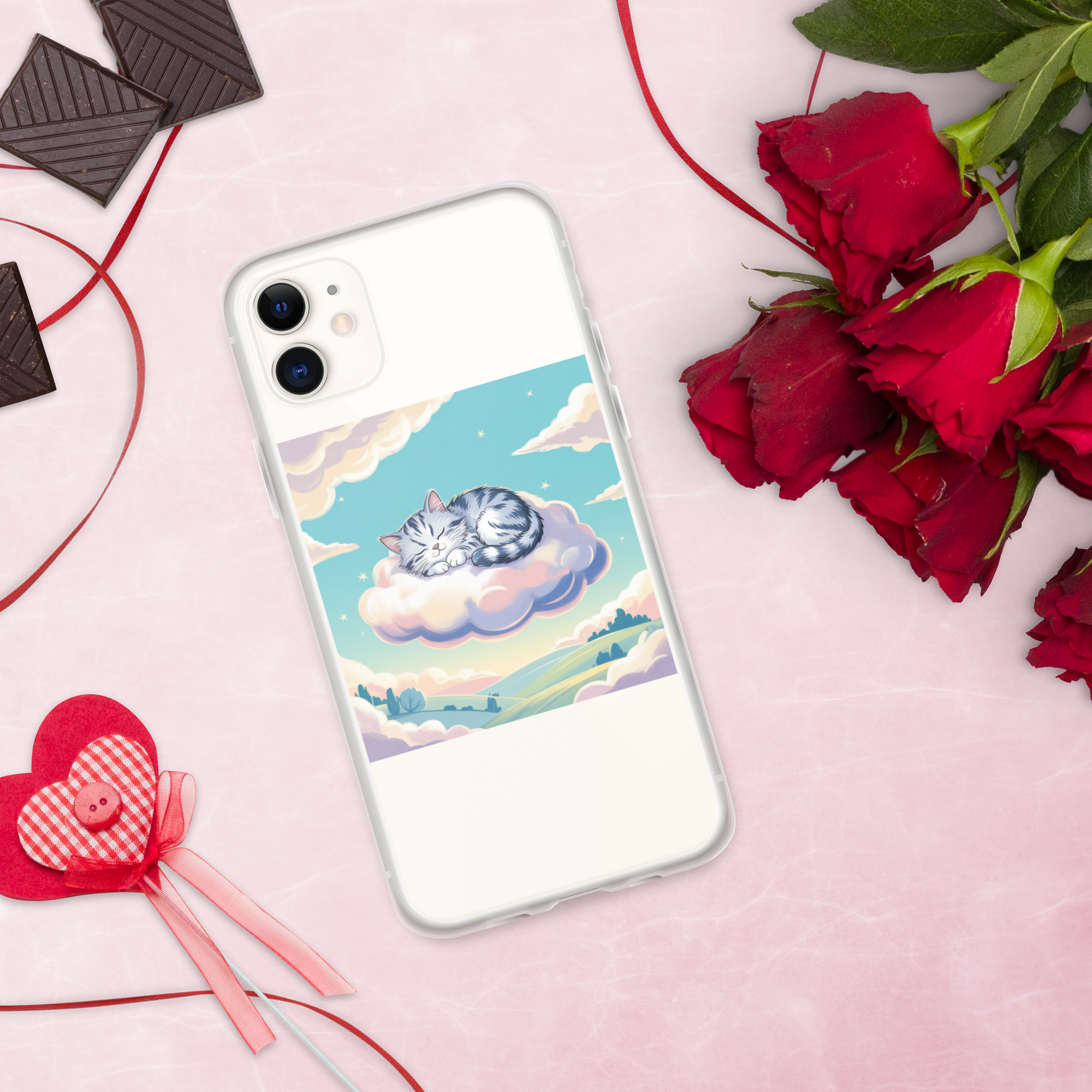 Cute Sleeping Kitten Phone Case – Fluffy Cat on Cloud | Pastel Sky & Dreamy Aesthetic for Cat Lovers.