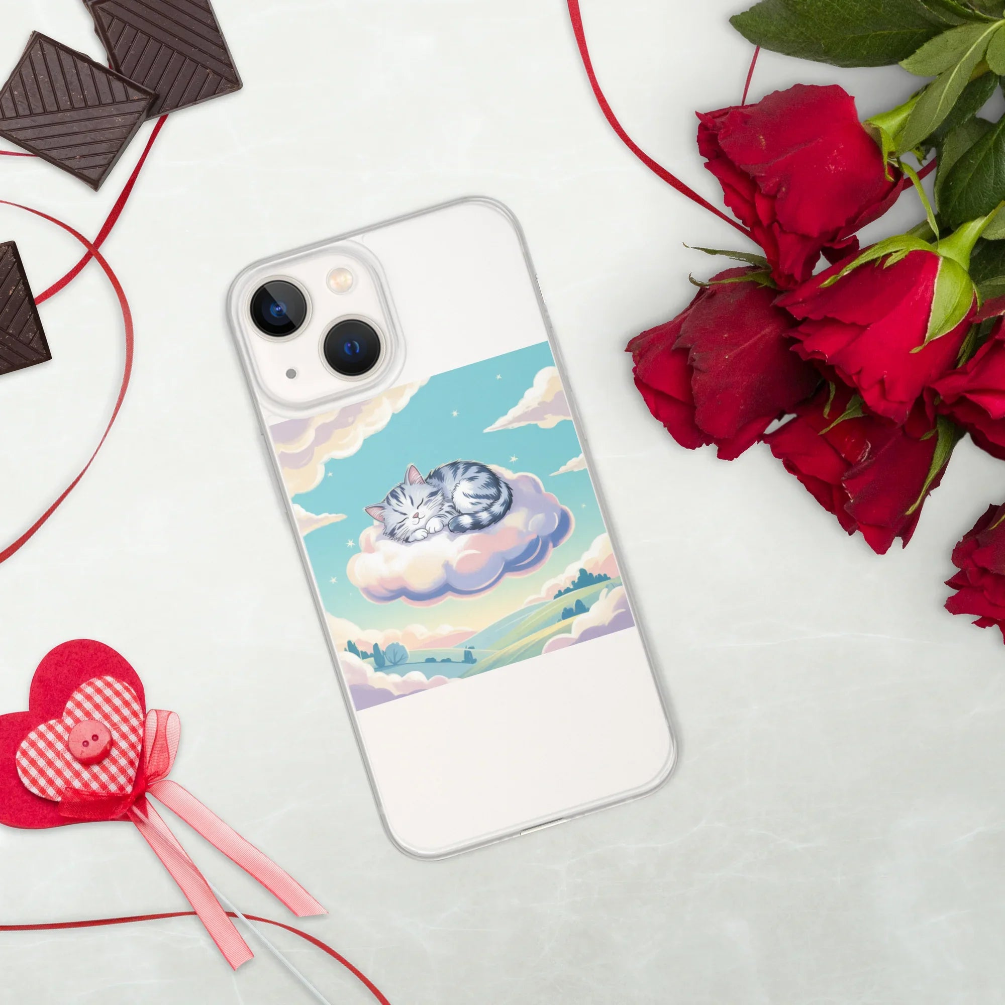 Cute Sleeping Kitten Phone Case – Fluffy Cat on Cloud | Pastel Sky & Dreamy Aesthetic for Cat Lovers - RaZits