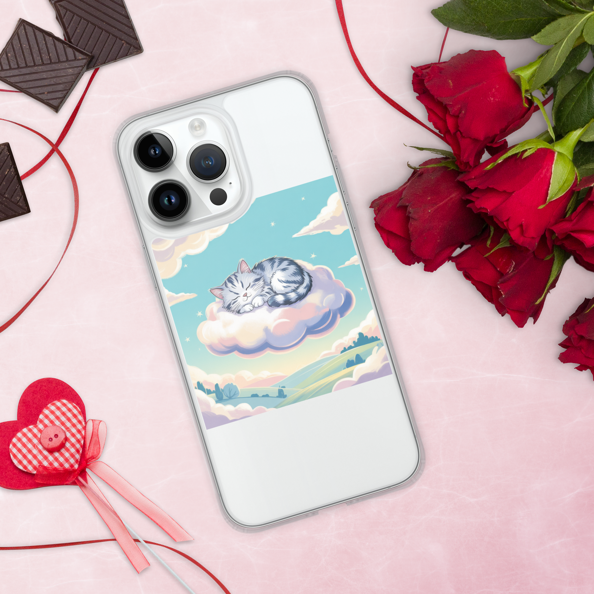 Cute Sleeping Kitten Phone Case – Fluffy Cat on Cloud | Pastel Sky & Dreamy Aesthetic for Cat Lovers.