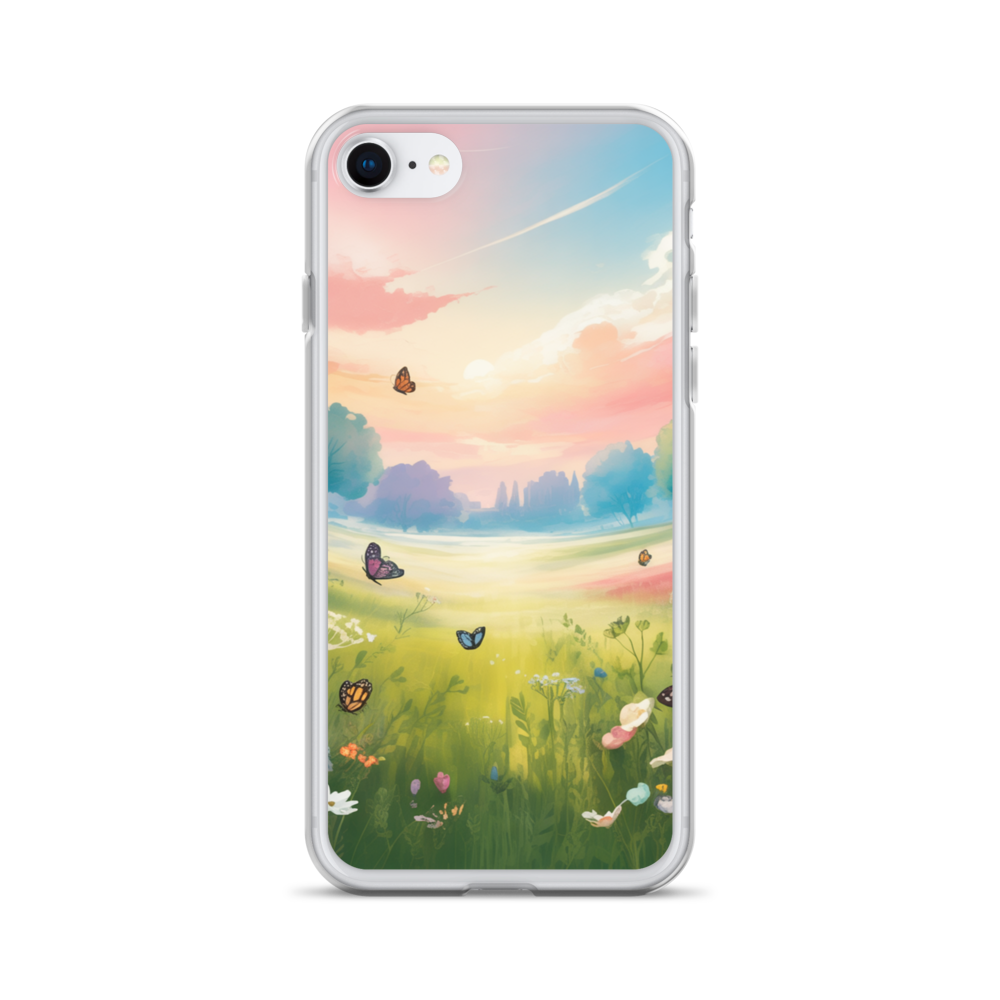 Butterfly Meadow Phone Case – Pastel Sunset & Wildflowers | Dreamy Nature & Cottagecore Aesthetic.