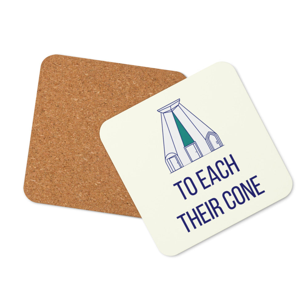To Each Their Cone coaster front with its natural cork back showing behind it