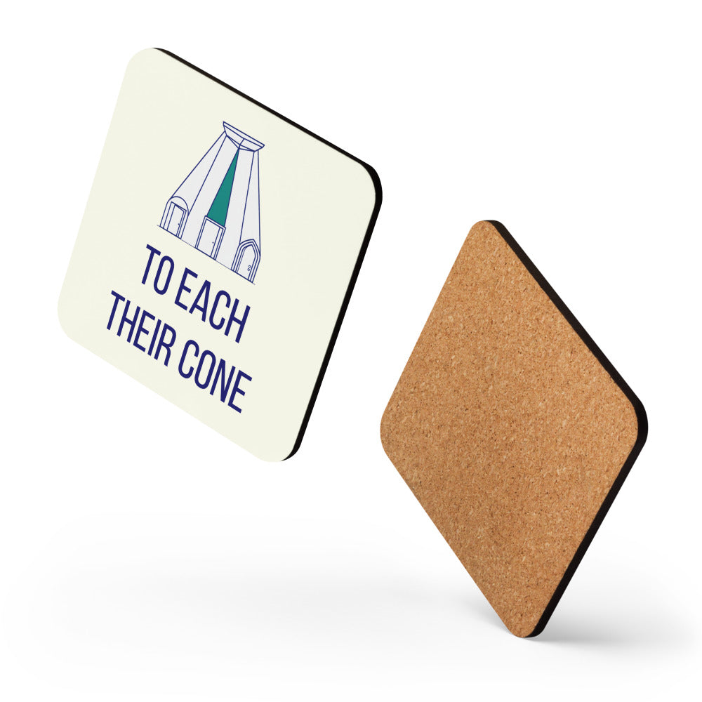 To Each Their Cone coaster shown from an angle next to its cork underside