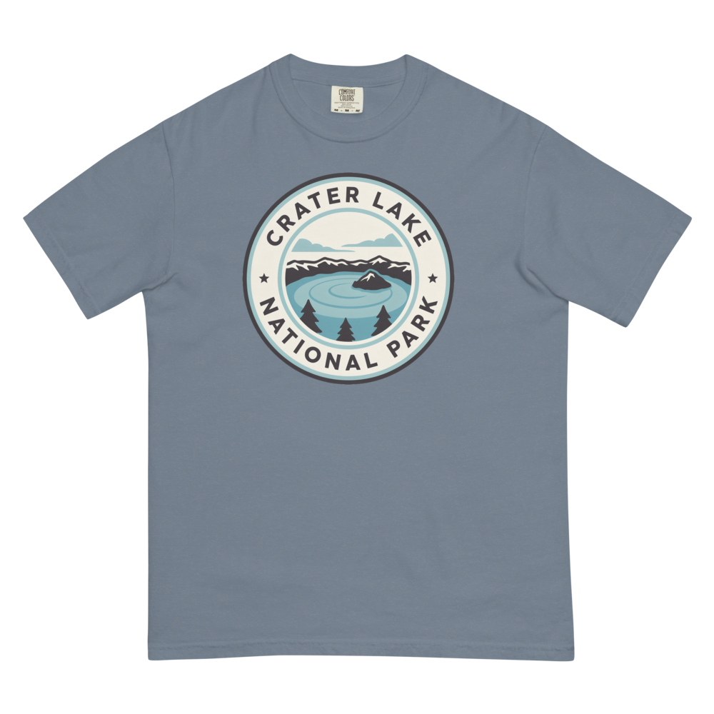 Crater Lake National Park vintage badge t-shirt in Blue Jean, flat lay