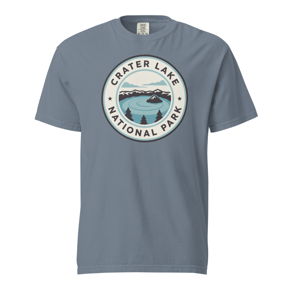 Crater Lake National Park vintage badge t-shirt in Blue Jean, front view