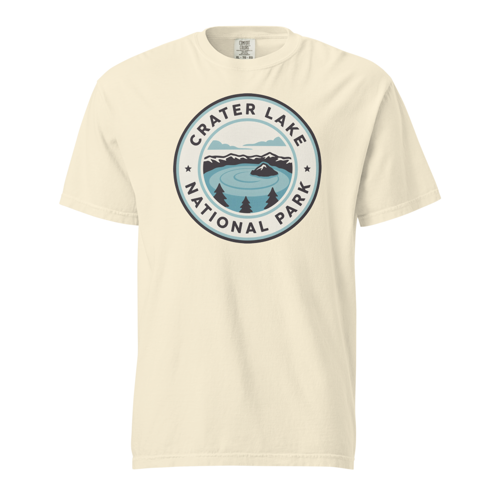 Crater Lake National Park vintage badge t-shirt in Ivory, front view