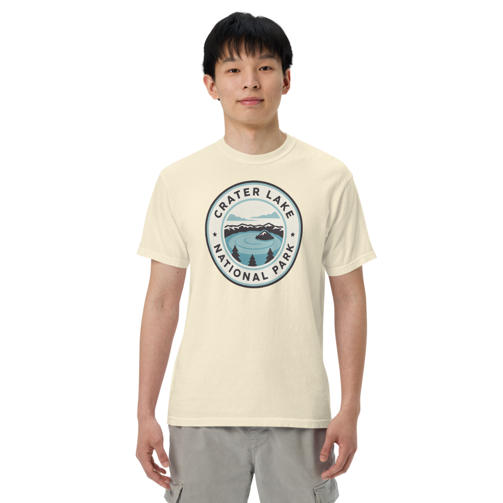 Crater Lake National Park vintage badge t-shirt in Ivory worn by a model, front view