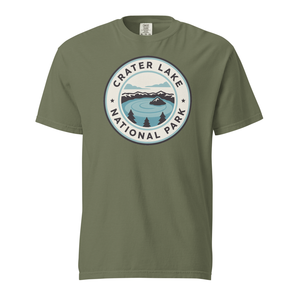 Crater Lake National Park vintage badge t-shirt in Moss, front view