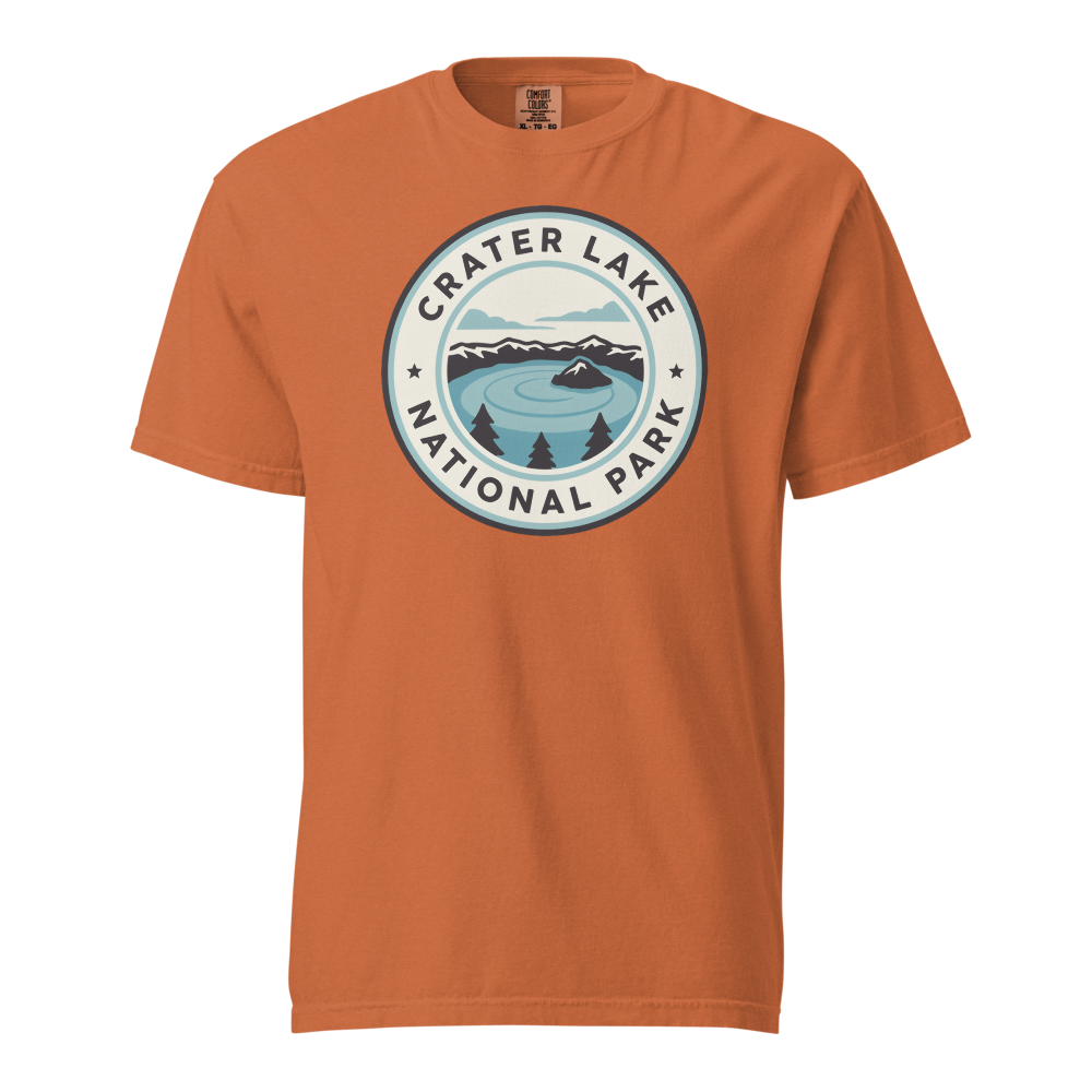Crater Lake National Park vintage badge t-shirt in Yam, front view