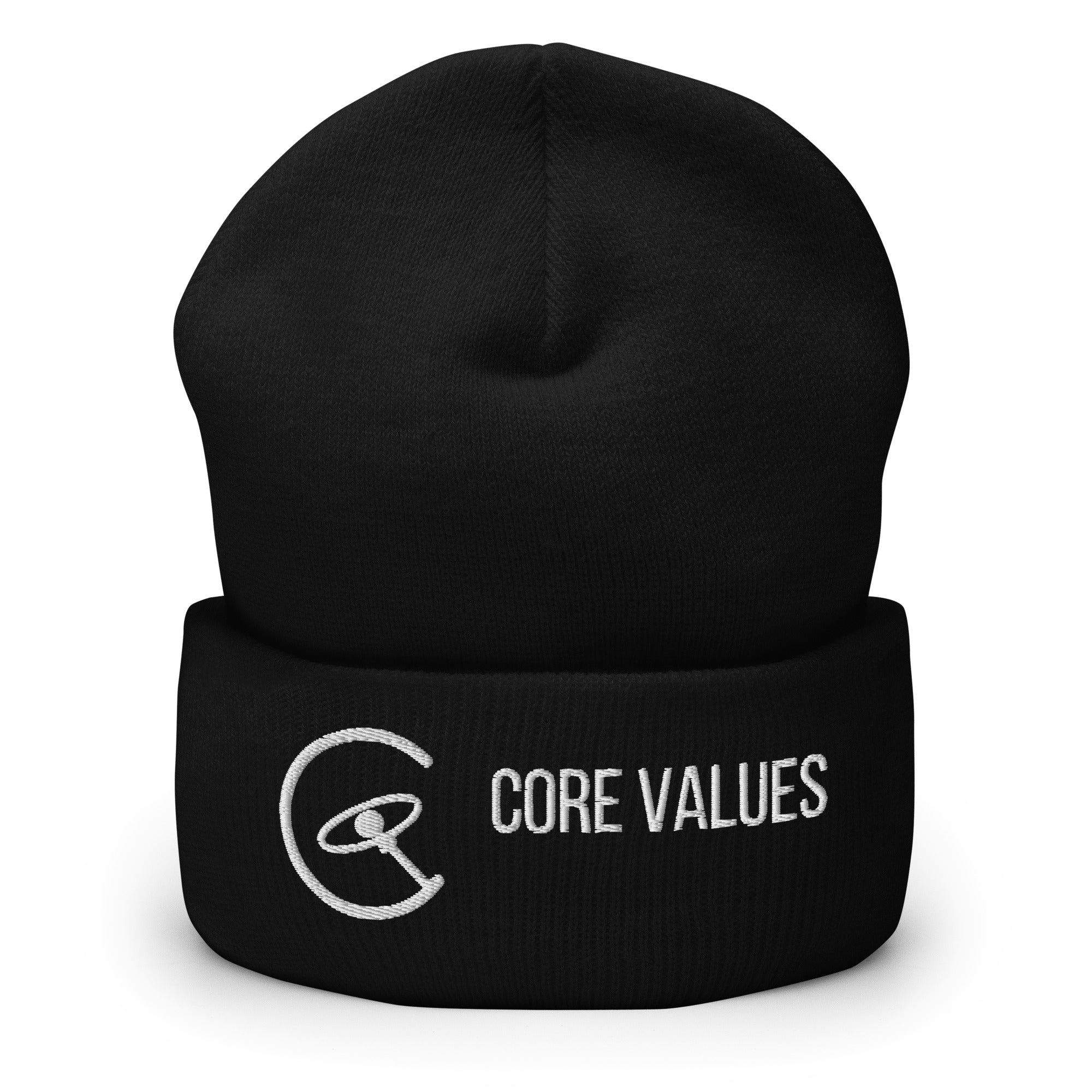Astronomy Beanie – Core Values in Black, front view of the cuffed knit hat with the white embroidered galaxy-compass and CORE VALUES lettering