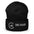 Astronomy Beanie – Core Values in Black, front view of the cuffed knit hat with the white embroidered galaxy-compass and CORE VALUES lettering