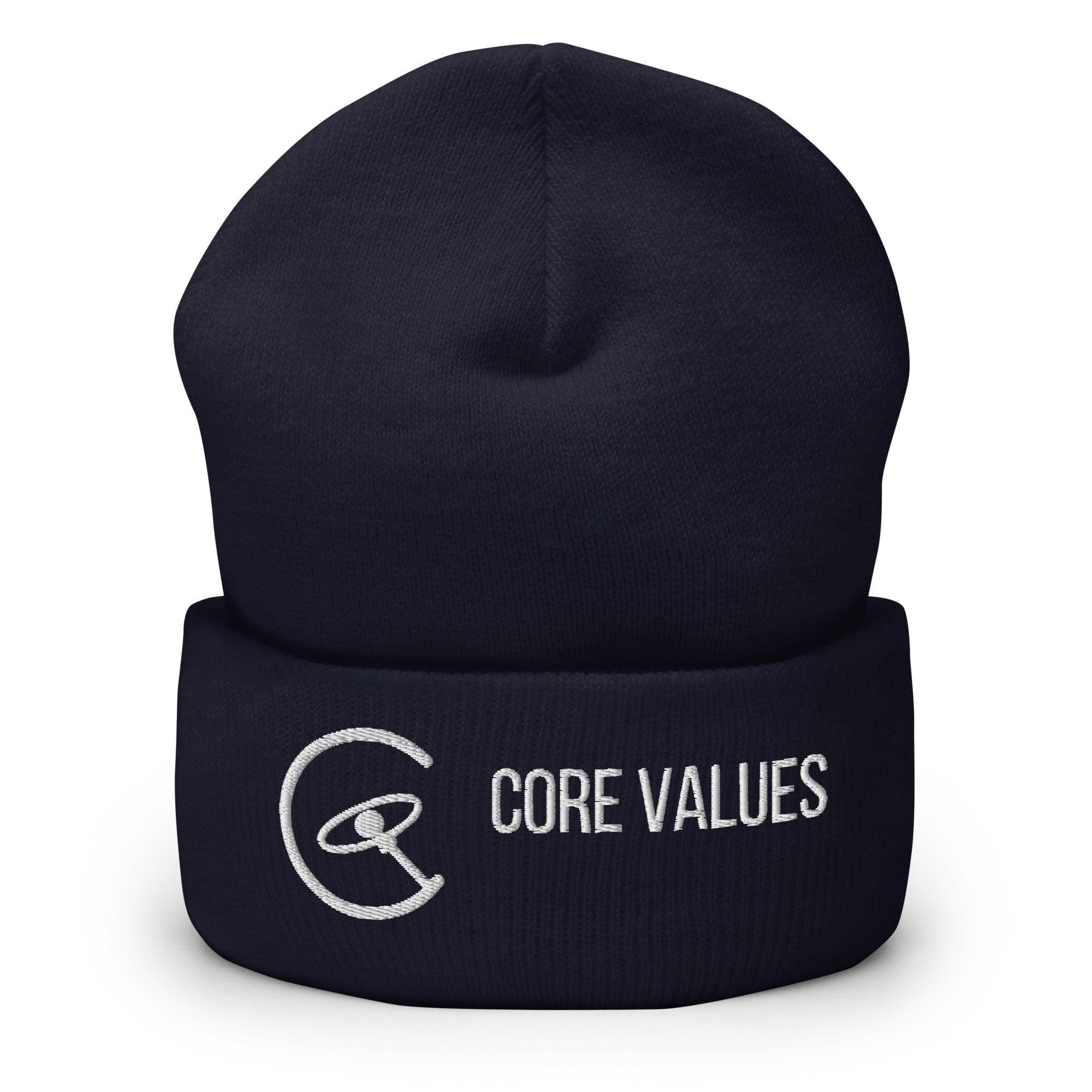 Astronomy Beanie – Core Values in Navy, front view of the cuffed knit hat with the white embroidered galaxy-compass and CORE VALUES lettering