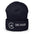 Astronomy Beanie – Core Values in Navy, front view of the cuffed knit hat with the white embroidered galaxy-compass and CORE VALUES lettering