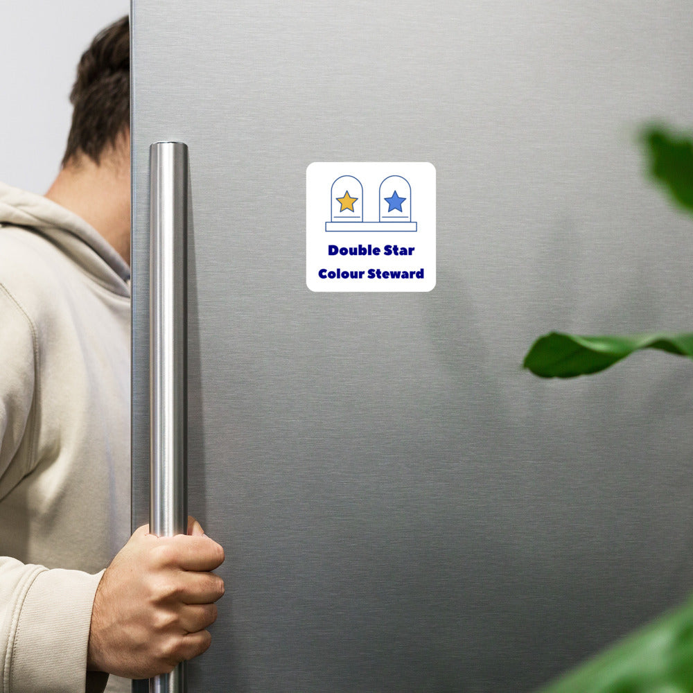 Double Star Colour Steward magnet on a stainless steel fridge door as someone reaches for the handle