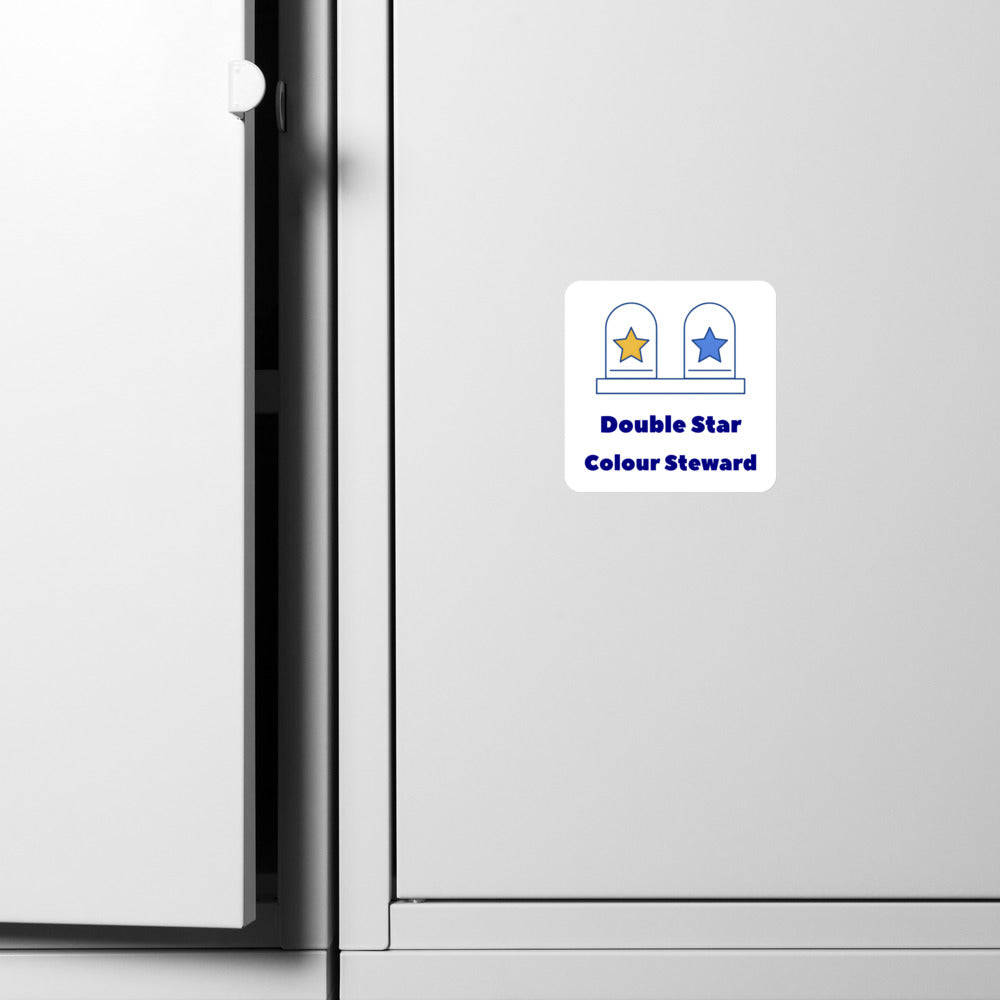 Double Star Colour Steward magnet on a white fridge door, two star jars in gold and blue