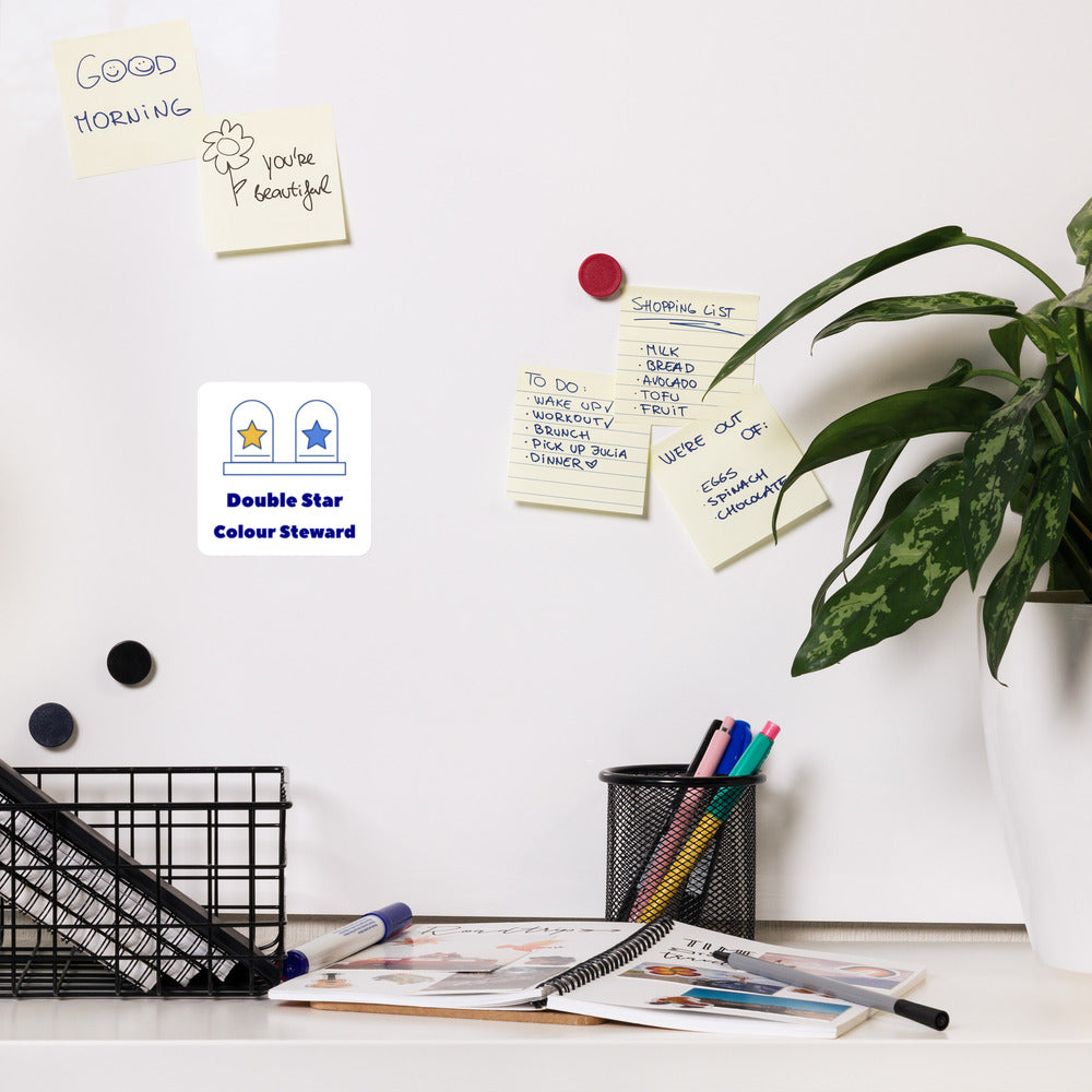 Double Star Colour Steward magnet on a magnetic whiteboard above a desk with notes and pens