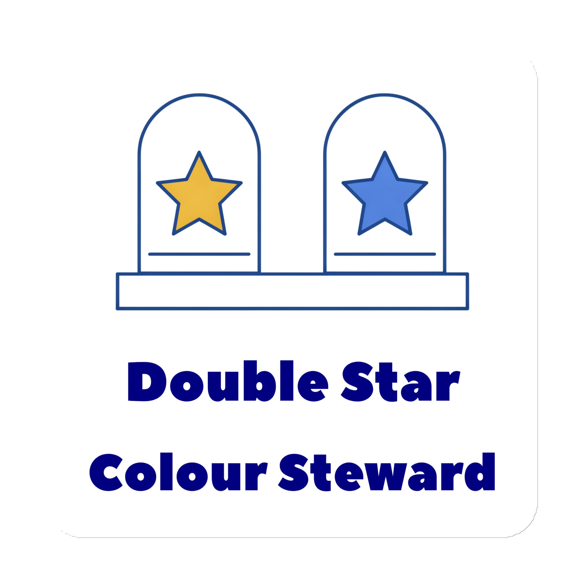 6 inch Double Star Colour Steward magnet, front view: gold and blue star jars above the words Double Star Colour Steward