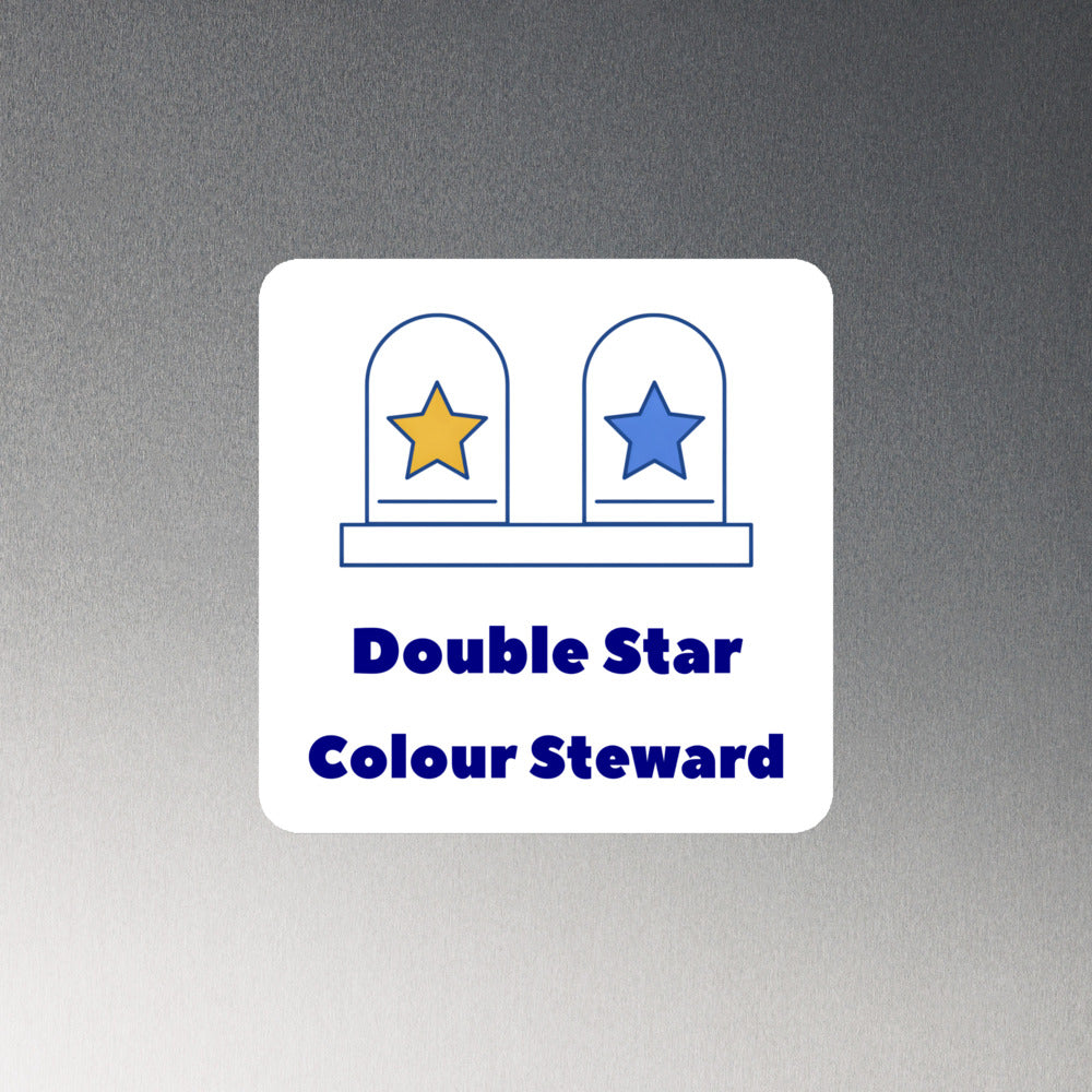 Close-up of the Double Star Colour Steward magnet on brushed steel, gold and blue star jars